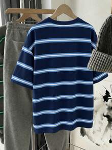 SHEIN EZwear 韓式時尚百搭彩色條紋圓領T恤，適合外穿、攝影、露營、秋季、冬季、返校季，女款標準圓領，夏季上衣，適合日常通勤、約會、派對、秋冬/夏季、聖誕節、新年、感恩節、派對、婚禮、海灘、畢業季 - 彩色 - 查看 2