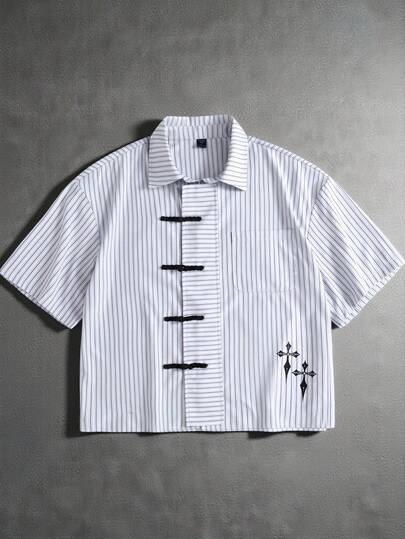 Street Life Chemise décontractée vintage à manches courtes, rayée, avec imprimé croix, ouverture devant et col asymétrique
