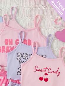 [Randomly Sent 1 Set]Tween Girls Pajamas Summer New Fashion Cute Cartoon Rabbit, Bow, Cherry, English Letter Print Knit Ruffle Trim Cami Top And All-Over Print Shorts 2-Piece Set 1Sets (Randomly Sent) - White - View 5