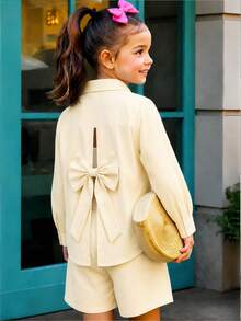 SHEIN Young Girls Shirt Set, Light Yellow Fine Striped Woven Set, Collared Shirt With Small Horse Pattern Detail On Chest, Hollow Back With Large Bow, Elastic Waist Shorts Matching Set, Smooth And Skin-Friendly Fabric, Gentle And Fresh, Simple And Exquisite For Daily Wear - Pink - View 2