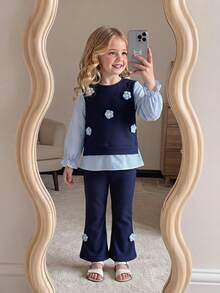 Elladie kids 2 件套女童简约时尚通勤拼接 3D 花卉装饰长袖上衣和喇叭裤套装，适合春秋季 - 藍色 - 查看 3