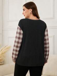 Lacomfia Autumn/Winter Elegant Casual Loose Versatile Print Element Patchwork Round Neck Pullover Long Sleeve Plus Size Women's T-Shirt - Multicolor - View 2