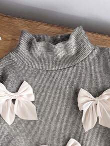 SHEIN Playful Pals 女嬰 2 件組 秋冬幼兒女童羅紋針織小立領蝴蝶結長袖上衣與喇叭褲套裝，甜美可愛休閒秋季服飾 - 灰色 - 查看 4