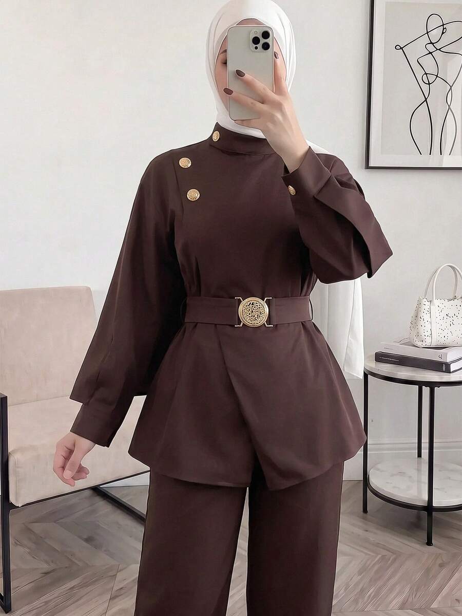 Solavon Women's Button Design Long Sleeve Top And Pants Arabic Outfit Set - Coffee Brown - View 1