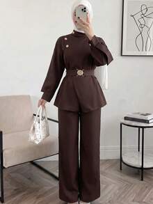 Solavon Women's Button Design Long Sleeve Top And Pants Arabic Outfit Set - Coffee Brown - View 6
