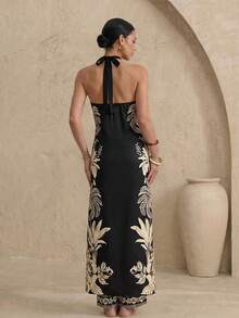 Swim Oasis Vacation Minimalist Tropical European American Print 2 Pieces Set Halter Neck Sleeveless Long Top Casual Loose Long Pants Beach Black Beige Summer - Black - View 2