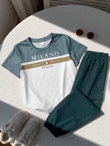 SHEIN Kids Boys New Casual Minimalist Style Letter Print Round Neck Short Sleeve & Long Pants 2-Piece Set, Suitable For Summer, Spring, Autumn, Winter, Blue - Multicolor - View 3