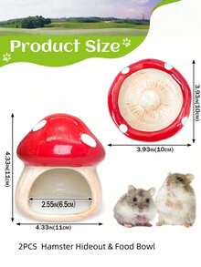 2 Buah Set Rumah dan Mangkuk Hamster Bentuk Jamur Keramik Lucu Warna Merah Anti Selip Tahan Lama untuk Hamster, Tikus, Gerbil Kerdil, Aksesori Dekorasi Kandang Hewan Peliharaan Kecil - View 10