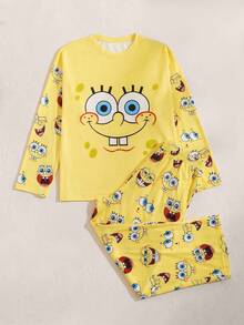 SpongeBob SquarePants | SHEIN Plus Size Men Cartoon Pattern Crew Neck Long Sleeve T-Shirt And Pants Pajama Set, Comfortable For Autumn - Yellow - View 1