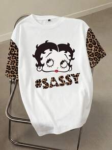 Betty Boop x SHEIN Camiseta de talla grande casual de verano con estampado de dibujos animados y leopardo en patchwork - Blanco - Ver 1