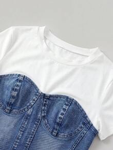 SHEIN MOD Atasan Denim Patchwork Blok Warna untuk Wanita - Light Wash - View 4