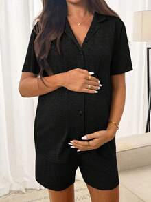 Slowluna Maternity Solid Color V-Neck Top And Adjustable Waist Shorts Casual Daily Two Pieces Set - Black - View 3