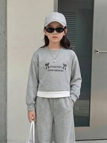 Genkimix Kids 2件組少女韓系寬鬆版蝴蝶結裝飾印花衛衣與寬腿長褲，女童長袖2合1衛衣套裝，秋冬款 - 灰色 - 查看 1