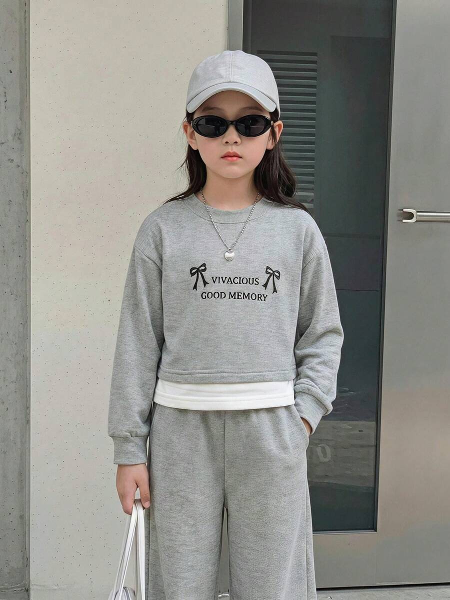Genkimix Kids 2件組少女韓系寬鬆版蝴蝶結裝飾印花衛衣與寬腿長褲,女童長袖2合1衛衣套裝,秋冬款 - 灰色 - 查看 1