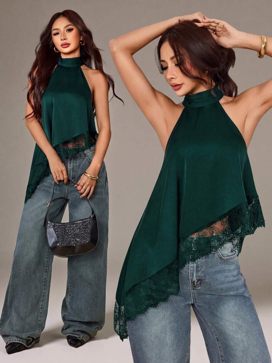 SHEIN PETITE Asymmetrical High Neck Halter Top With Lace Trim Evening Night Party Cocktail Formal Dark Green Summer Sexy - Dark Green - View 1