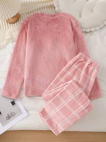 Teen Girls Pink Plush Top With Bow Embroidery Pattern And Plaid Thickened Comfortable Long Sleeve Pants Set Fleece-Lined Autumn Prom Cute Katseye - Pink - View 2