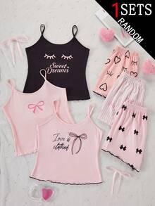 1套女青少年居家服盲盒風3合1套裝，包含3款不同風格的吊帶背心與短褲套裝：黑色底文字風、粉黑愛心睫毛風、黑粉蝴蝶結風、粉白條紋蝴蝶結風，主色調黑與粉，甜酷女孩風，柔軟親膚針織面料，柔軟彈性針織面料，可機洗，舒適貼身（1套從3款中隨機選取） - 彩色 - 查看 3