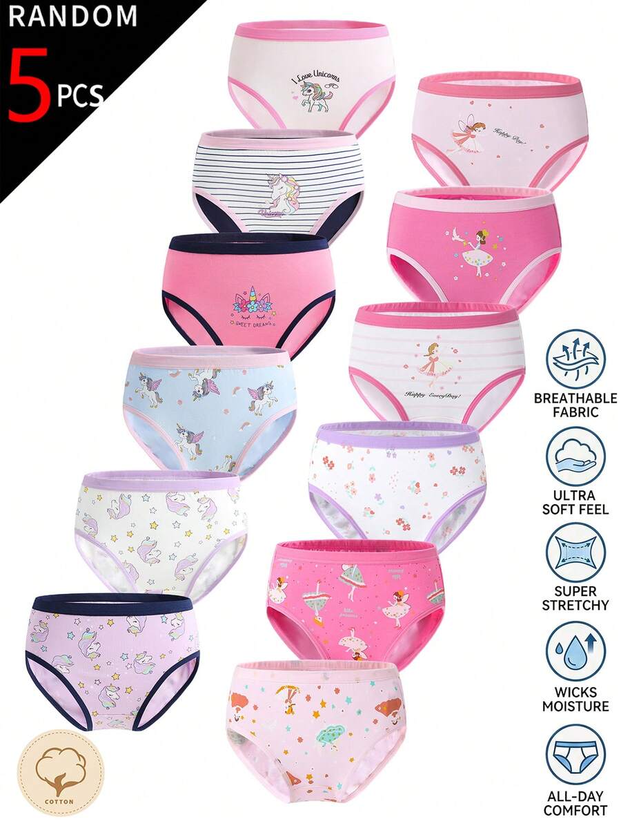 SHEIN 【5件隨機組】女童幼兒內褲,淺粉色、紫色、藍色、白色花卉混色三角褲,柔軟舒適 - 彩色 - 查看 1
