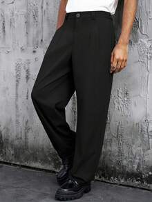 Manfinity Homme Men's Plus Size Solid Color Pleated Pocket Casual Versatile Daily Travel Long Pants - Black - View 3