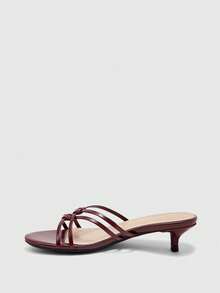 CUCCOO BIZCHIC Women's Burgundy Thin Strap Woven Kitten Heel Sandals, Round Toe Open Toe Knot Geometric Pattern Low Heel, Summer Casual Commute Versatile - Burgundy - View 4
