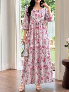 Al Najma 女款印花圓領蕾絲飾邊拼接喇叭裙 - 粉色 - 查看 4