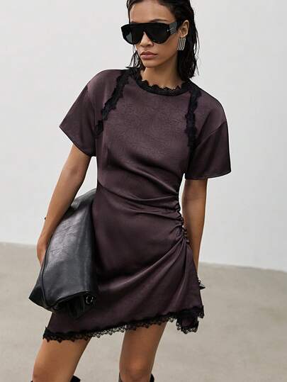 MERLEAU Women's Modern 2 In 1 Short Dress With Lace Trim Design