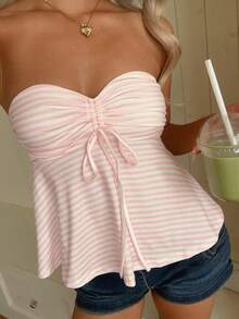 CovetEZ Women's Front Tie Striped Ruched Bandeau Top - Pink - View 3
