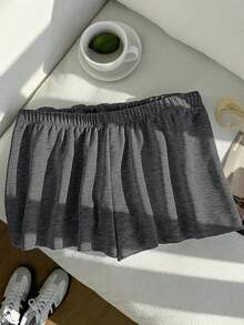 Comfortcana 春夏純色鬆緊腰寬鬆休閒百搭大尺碼短褲 - 深灰色 - 查看 10
