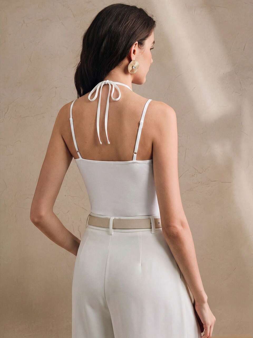 Spring/Summer Minimalist Sexy Style White Lace Patchwork Halter Neck Bodysuit For Women, Casual Daily Innerwear And Date Wear