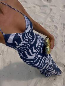 Tropical Leopard Print Backless Dress For Vacation Vacation Beach Pink Zebra Print Summer - Navy Blue - View 6
