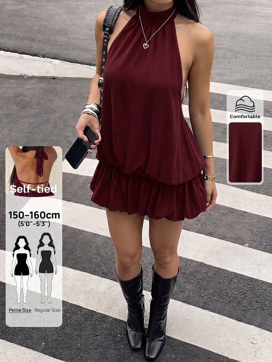 SHEIN PETITE 女款立領無袖荷葉邊下擺寬鬆上衣 - 酒紅色 - 查看 1