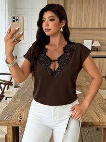 Weeklong Plus Size Women's Spring/Summer Lace Trim Patchwork Contrast Color Casual Vacation Blouse - Brown - View 5