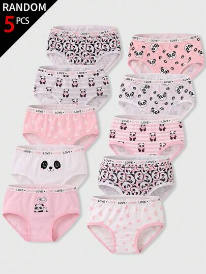 SHEIN [5pcs Random Assortment] Girls Panties, Cute Panda Print, Soft Comfortable, Baby Pink White Pattern Winter