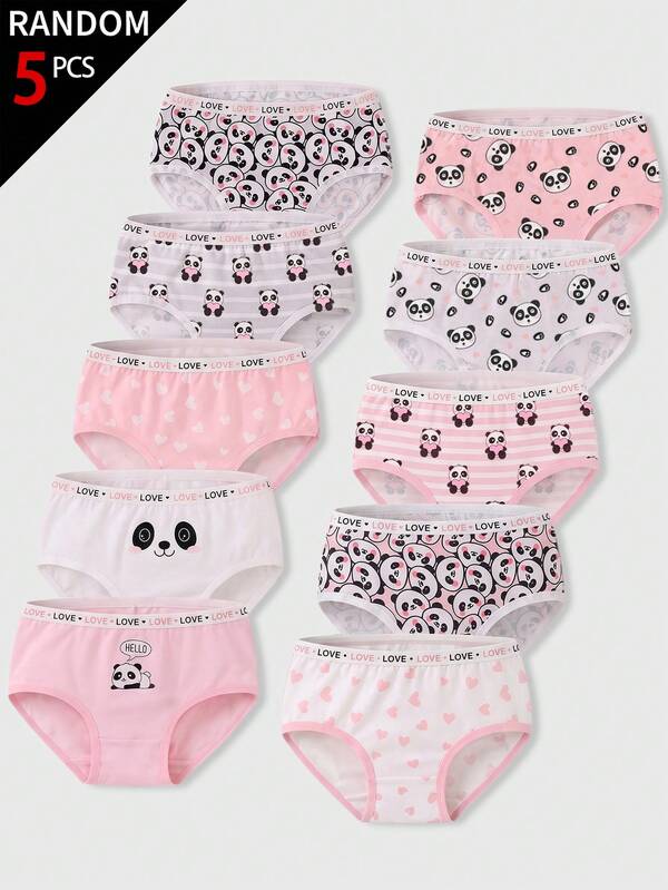 SHEIN [5 Random PCS] Girls Briefs With Cute Panda Prints, Soft Comfy Pink White Polka Dot Striped Patterns