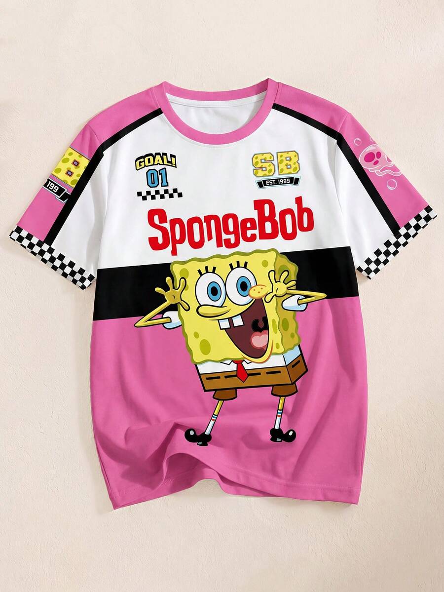 SpongeBob SquarePants | SHEIN Camiseta con estampado de dibujos animados y bloques de color para niña preadolescente - Blanco - Ver 1