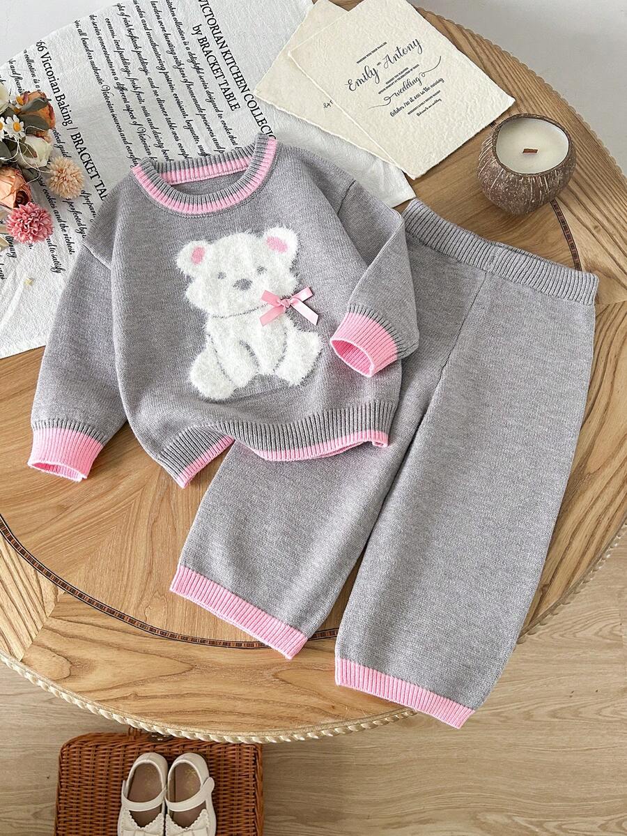 SHEIN 女嬰針織套裝,套頭毛衣 + 寬腿褲,柔軟針織,卡通熊圖案,適合秋冬 - 灰色 - 查看 1