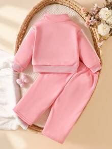 SHEIN Playful Pals 女嬰蝴蝶結刺繡運動衫套裝，休閒可愛，適合日常穿著 - 粉色 - 查看 3