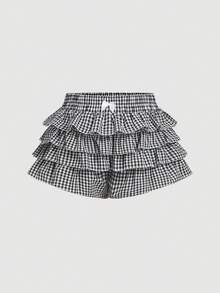 SHEIN MOD 大码休闲低腰格子紧身荷叶边女式超短裤返校服装女式蓝白平角短裤简约日常 - 黑與白 - 查看 1