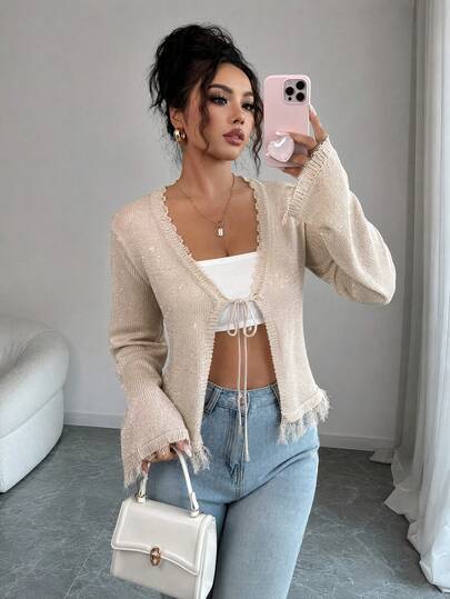 Selianne Áo cardigan len nữ mùa thu/đông mới, phong cách thường ngày thanh lịch, tay dài, thắt nơ trước, sợi kim tuyến vàng lấp lánh, tua rua, thoải mái, phù hợp đi làm hằng ngày, hẹn hò và dự tiệc