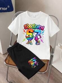 2pcs/Set Boys' Casual Colorful Gradient Number 67 & Lightning Graphic Tee And Shorts Set, Comfortable Daily Wear For Spring, Summer & Autumn - Multicolor - View 5