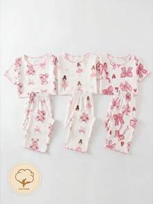 SHEIN 【随机3套，寄送1套】女婴睡衣，可爱甜美蝴蝶结，跳舞女孩，泰迪熊图案组合印花，荷叶边圆领短袖上衣和裤子两件套睡衣套装，春夏四季皆宜 - 白色 - 查看 1