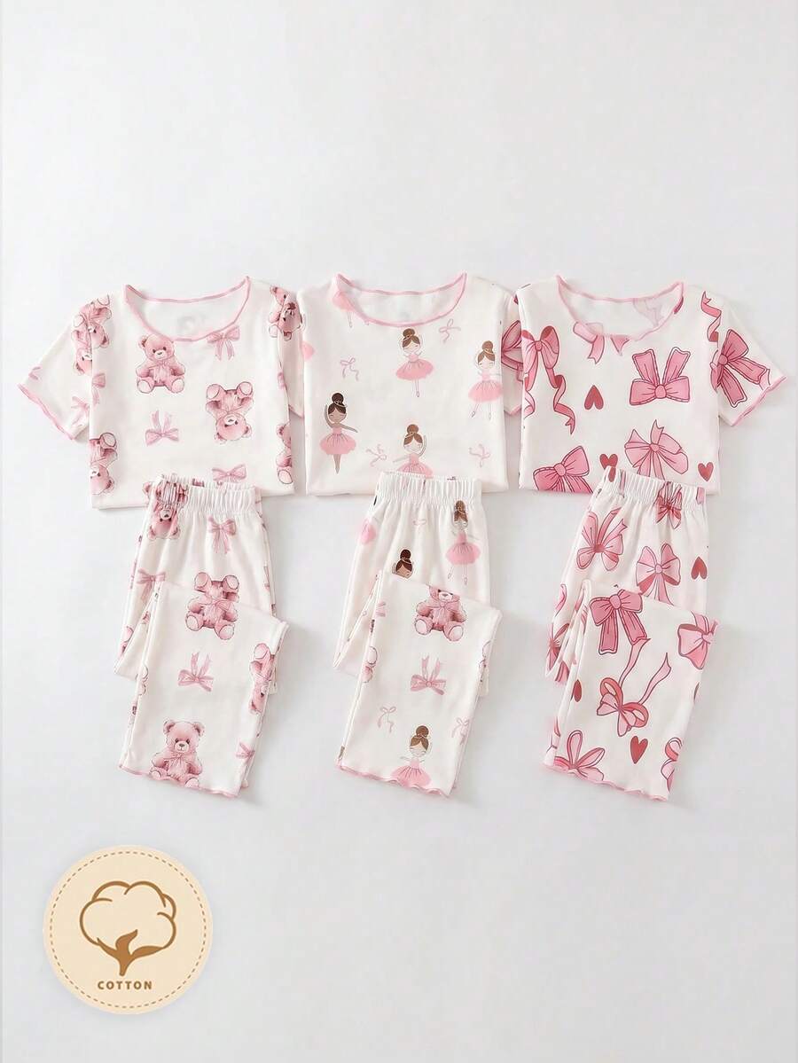SHEIN 【随机3套,寄送1套】女婴睡衣,可爱甜美蝴蝶结,跳舞女孩,泰迪熊图案组合印花,荷叶边圆领短袖上衣和裤子两件套睡衣套装,春夏四季皆宜 - 白色 - 查看 1