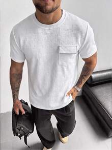 EGENSIO Men's Knitted Jacquard Solid Color Textured Collar Ribbed Cuff Pocket With Embroidered Lip T-Shirt - White - View 1