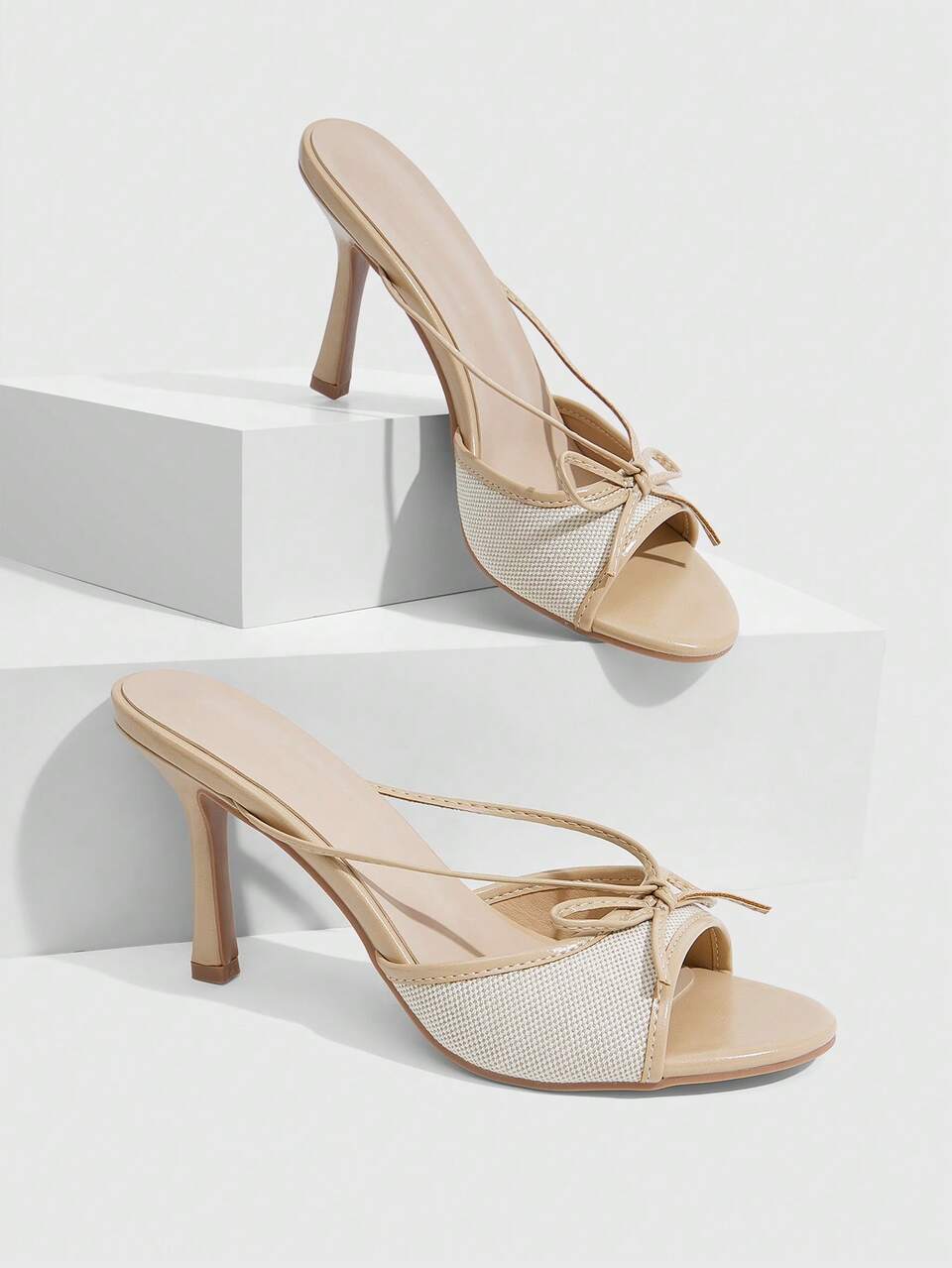 CUCCOO SZL Women Shoes Nude Apricot PU Bow Fashion Sexy Temperament Elegant Round Toe Slip-On High Heels Sandals