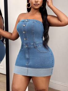 Slaydiva Plus Size Women's Outdoor Strapless Wide Cuff Denim Dress - Medium Wash - View 3