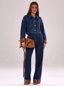 SHEIN BAE Women's Patchwork Leopard Print Cuff Single-Breasted Jacket And Pants Denim Set - Blue - View 5