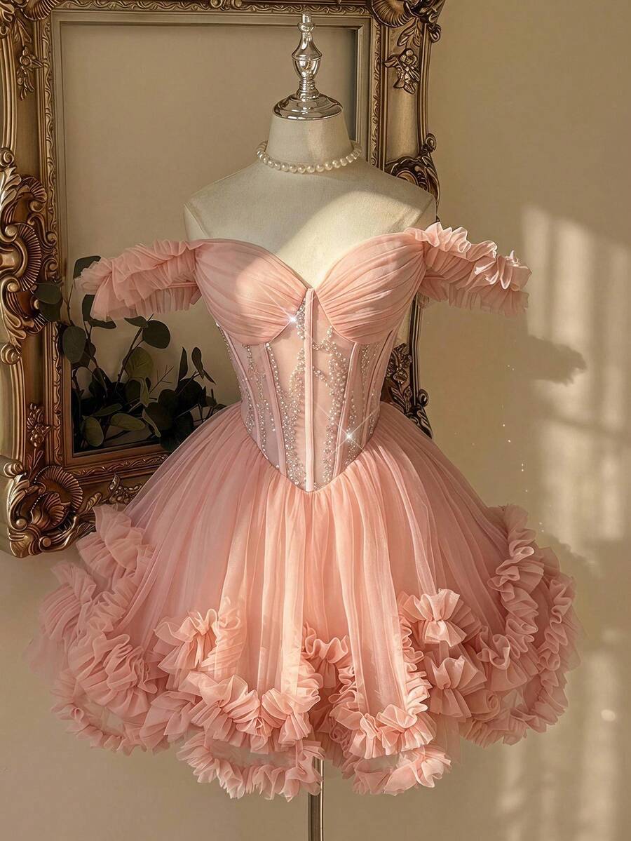 Lovelzi 露肩百褶網紗拼接優雅女王收腰大禮服洋裝 正式派對活動婚禮洋紅色冬季款