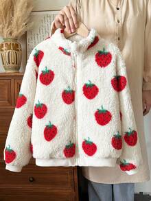 Elladie kids 1件少女甜美可愛草莓拉鍊立領加厚抓絨外套，適合春秋冬季日常休閒出遊 - 紅色 - 查看 6