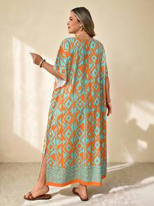 SHEIN CURVE+ Plus Size Women's Printed Loose Fit Versatile Casual Boho Vacation Beach Short-Sleeve Dress Orange Summer - Multicolor - View 2