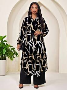 SHEIN Lady Plus Size Fashion Commuter Elegant Casual Formal All-Over Print Shirt And Pants 2 Pieces Set Evening Formal Black And White Black Autumn - Multicolor - View 5